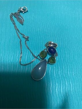 Sterling Silver Multi-Stone Teardrop Pendant Necklace - Blue & Green